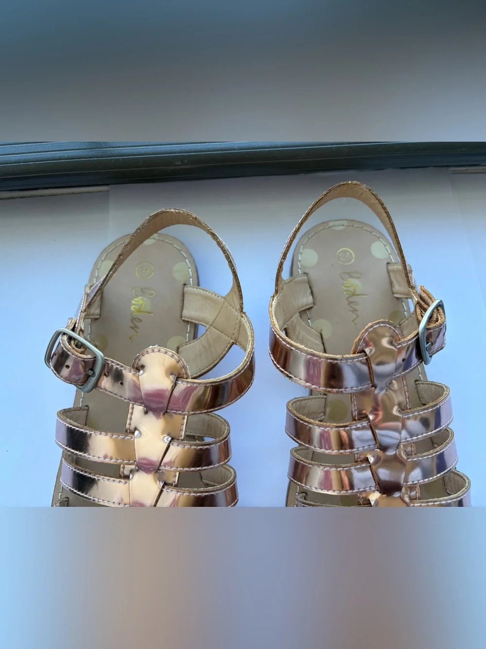 Mini Boden Girls Metallic Shiny Rose Gold Gladiator Sandals with Buckle